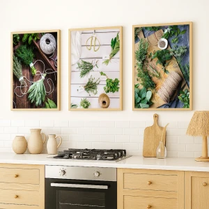Doğadan Mutfak Köşesi – 3’lü Ahşap Çerçeve Seti – 30x40 cm