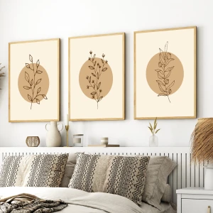 Minimal Doğal Bitki Çizimli 3’lü Ahşap Çerçeve Seti – 30x40 cm