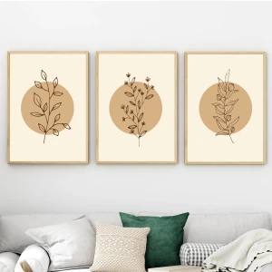 Minimal Doğal Bitki Çizimli 3’lü Ahşap Çerçeve Seti – 30x40 cm