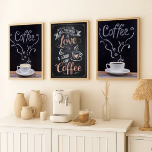 Tebeşir Sanatıyla Kahve Keyfi – 3’lü Ahşap Çerçeve Seti | 30x40 cm