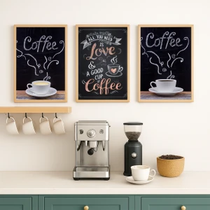 Tebeşir Sanatıyla Kahve Keyfi – 3’lü Ahşap Çerçeve Seti | 30x40 cm