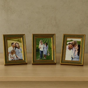 3 Adet Yeşil Eskitme Altın Kenar Detaylı Fotoğraf Çerçeve Seti – 10x15 cm (3’lü)